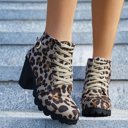 Bottines Femme Imprimé Léopard – Suède, Talon Carré, Lacets & Fermeture, Automne Hiver