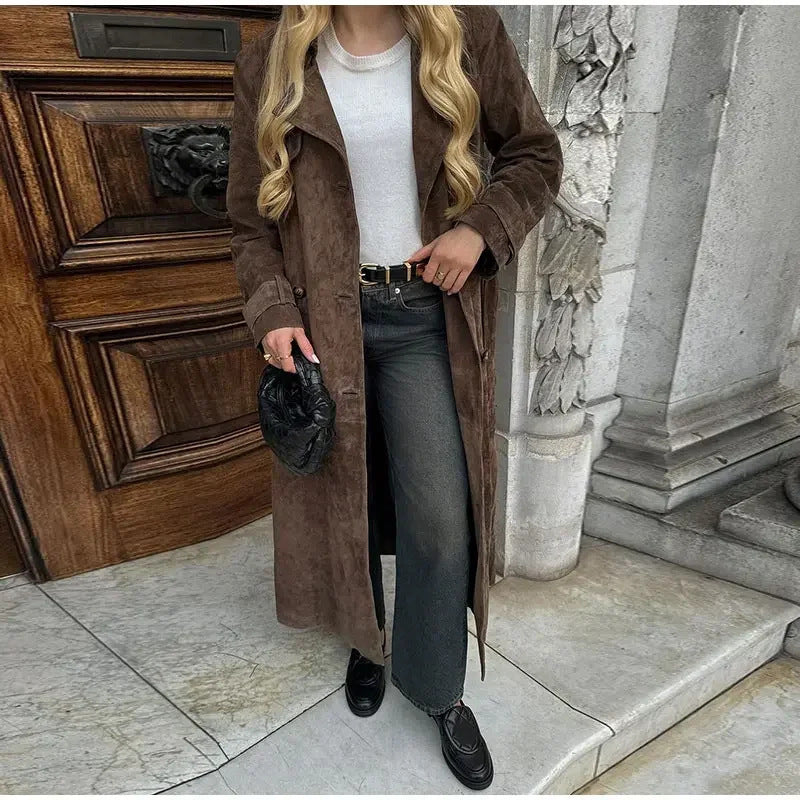 Manteau Long Femme à Ceinture – Style Rétro Artistique – Slim Fit