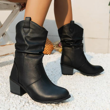Bottes Femme Style Rétro Western – Mi-Mollet, Bout Pointu, Talon Épais, Tissu