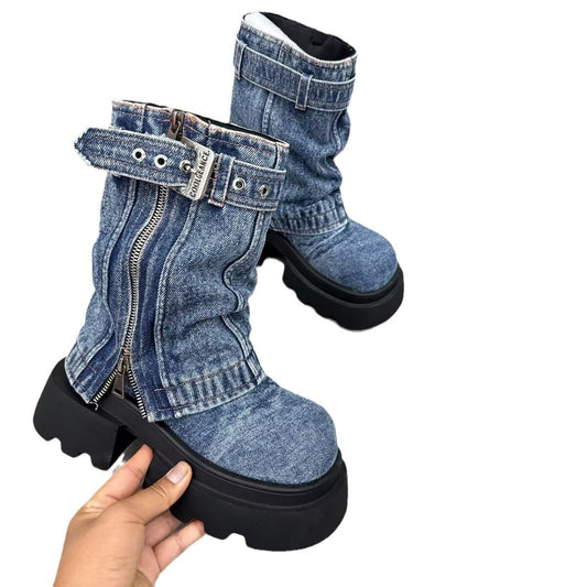 Bottes Martin en Jean pour Femme – Style Moto, Bout Rond, Talon Bas
