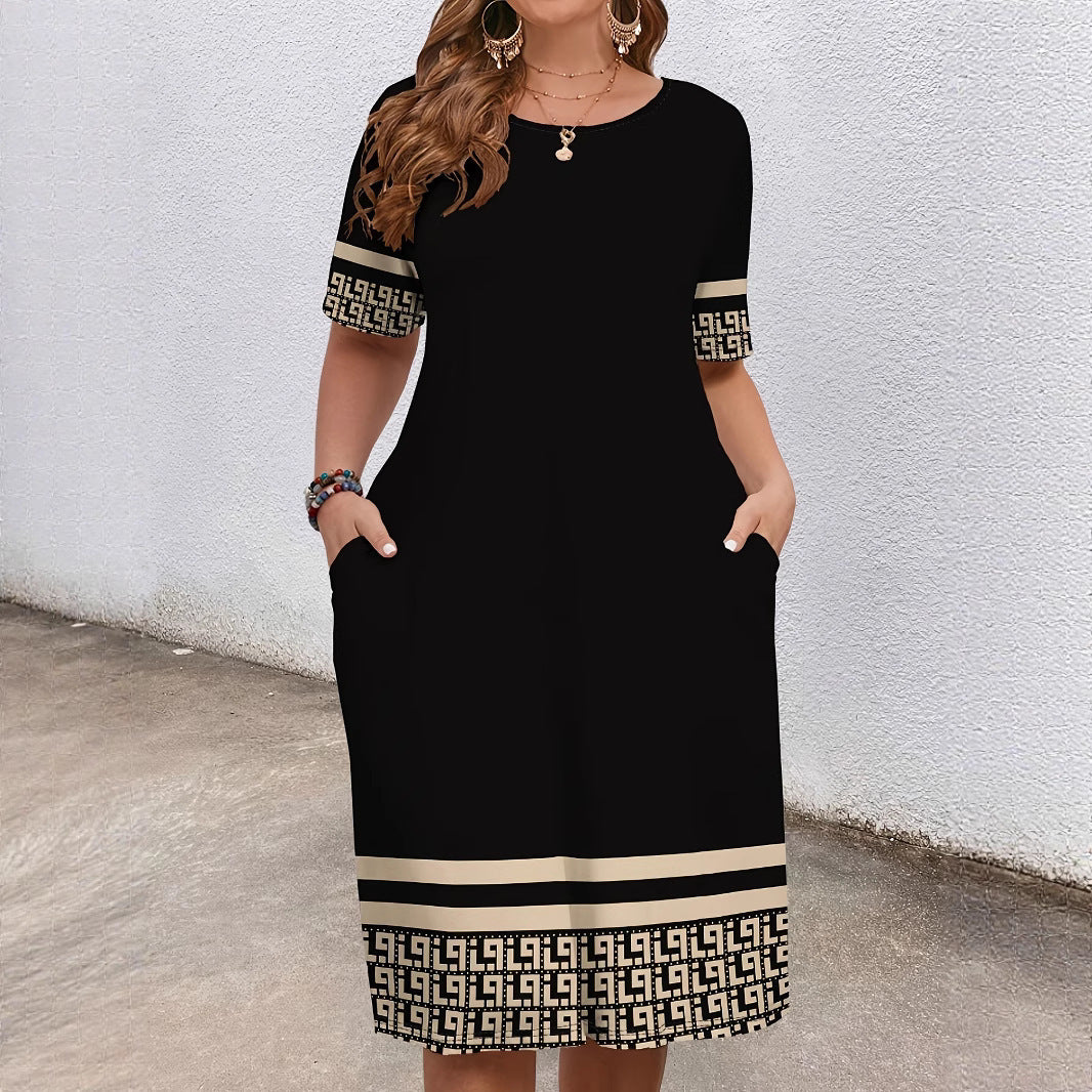 Robe Élégante Bicolore à Col Rond – Manches Courtes Confortables & Style Décontracté