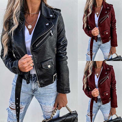 Veste Femme en Simili Cuir et Polyester – Manches Longues – Couleurs Noir et Rouge – Tailles M à 3XL