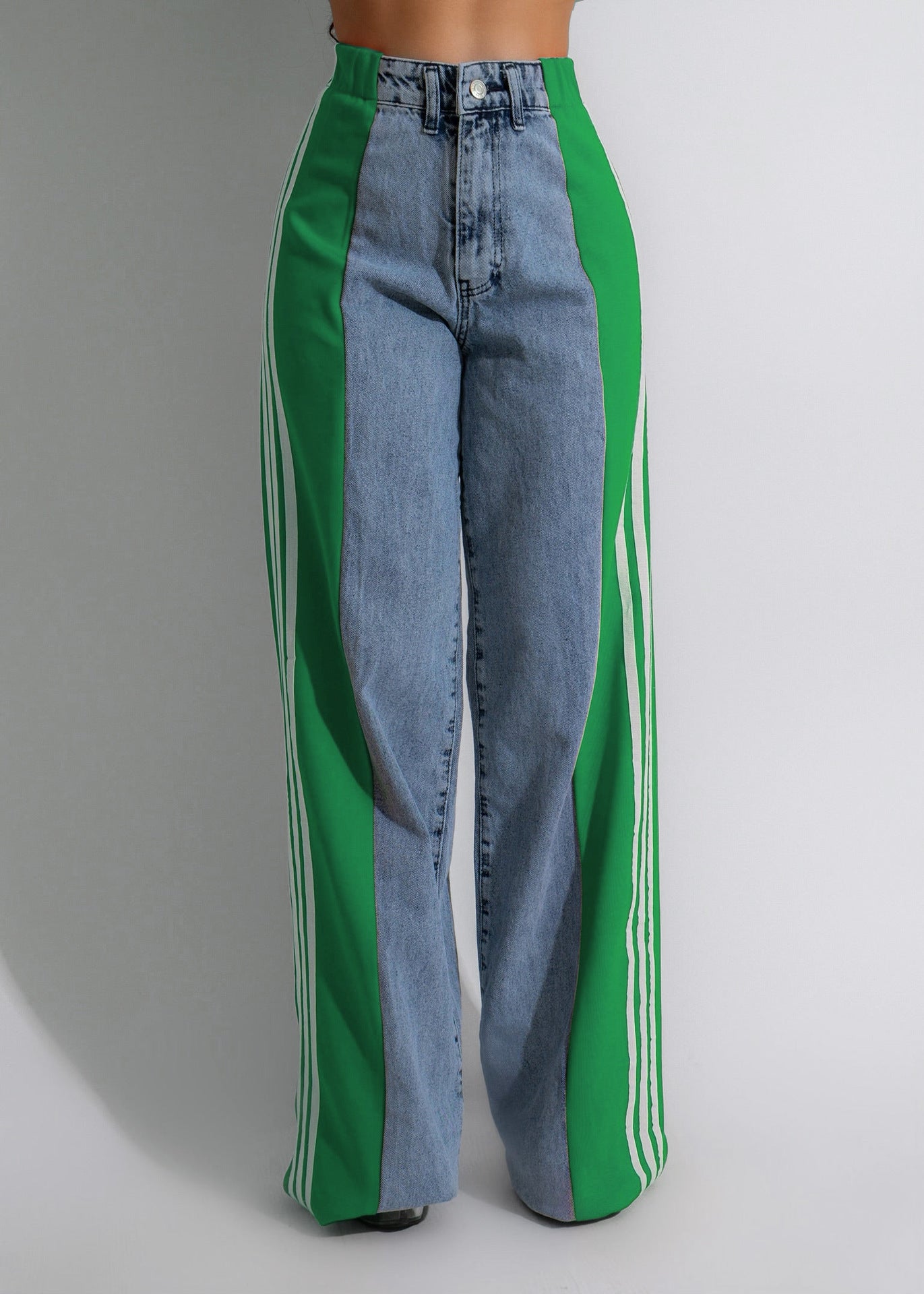 Jean Femme Streetwear – Taille Haute, Coupe Large, Patchwork 3 Bandes, Denim Casual