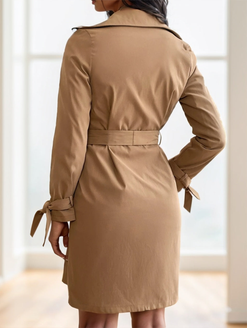 Manteau Femme Abricot – Double Boutonnage, Col à Revers, Manches Longues