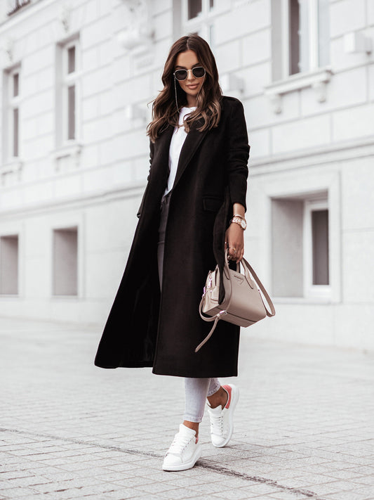 Manteau Femme Laine Élégant – Col V à Revers, Ceinturé, Manches Longues