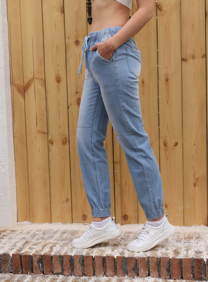 Jean Décontracté Femme Bleu Clair – Taille Élastique avec Cordon, Coupe Droite Confortable