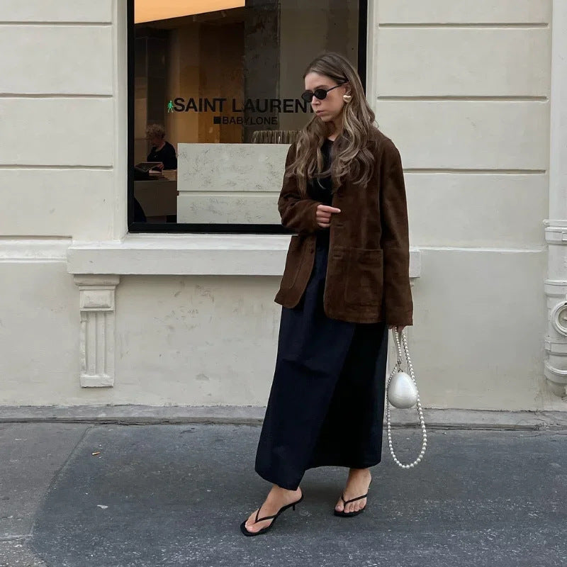 Veste Femme en Suède – Style Commuter Élégant – Boutons – Tailles S à L