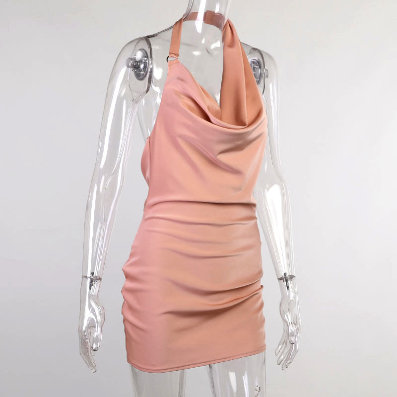 Robe de Fête en Satin Femme – Col V, Dos Nu, Mini Robe Sans Manches