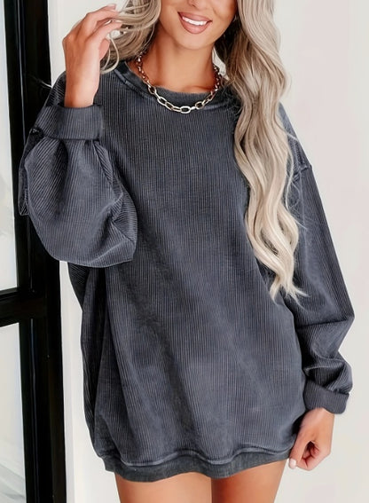 Sweatshirt Femme à Col Rond – Côtelé, Manches Longues, Couleur Unie, Avec Cordons
