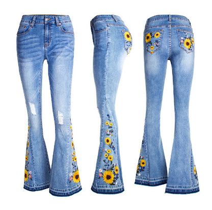 Jean Évasé Femme Bleu – Broderie 3D, Taille Mi-haute, Confort Denim Extensible
