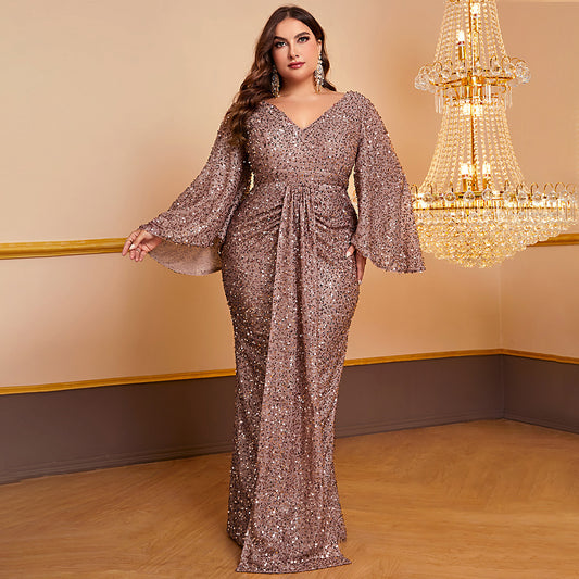 Robe Longue Femme à Paillettes – Manches Longues Volants, Col V Plissé, Style Élégant